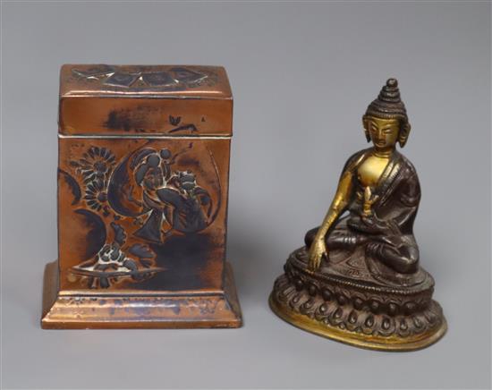 A Sino-Tibetan small bronze figure of Buddha and a Japanese card case